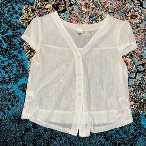 White mesh sheer short-sleeved button down cardigan
